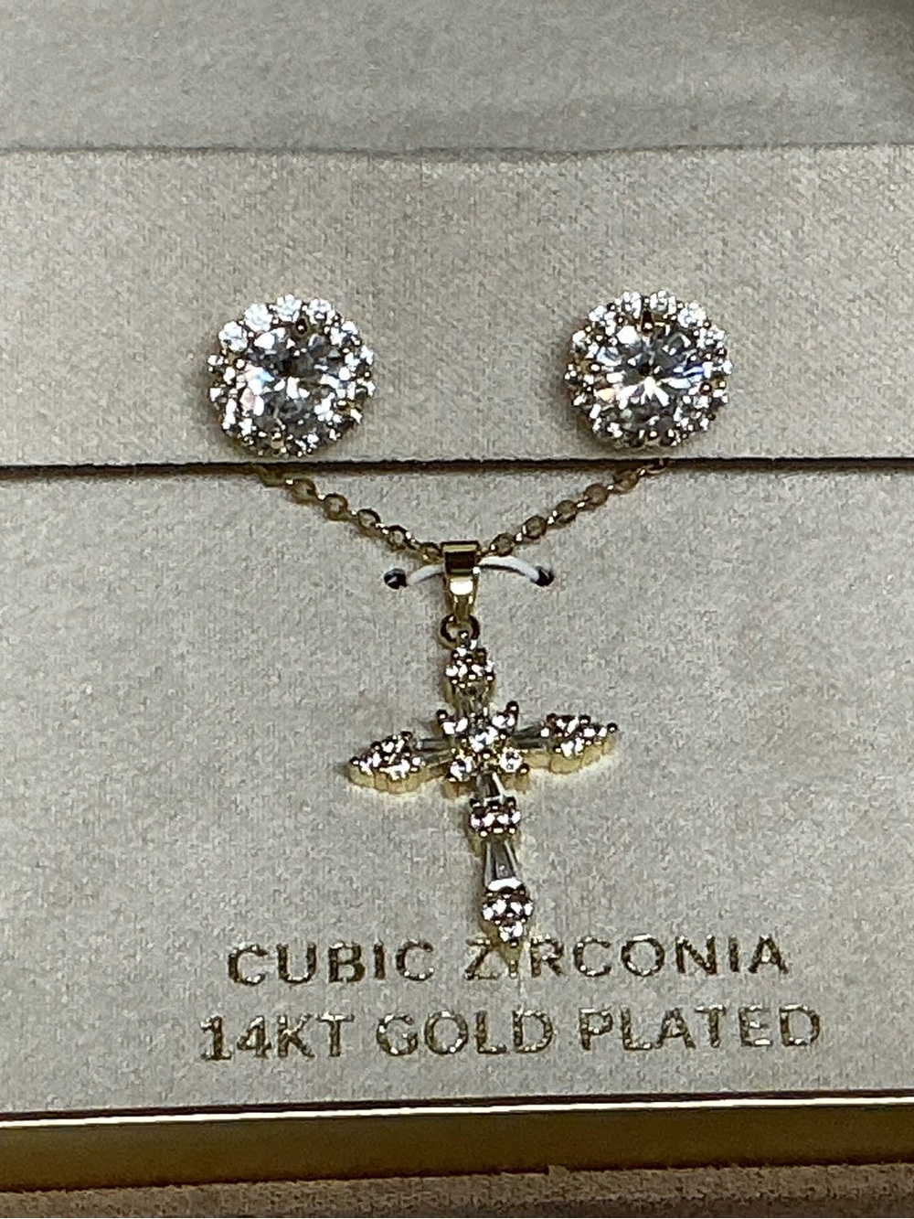 14KT Gold Plated Cubic Zirconia Cross Pendant Necklace and Stud Earrings - Gold